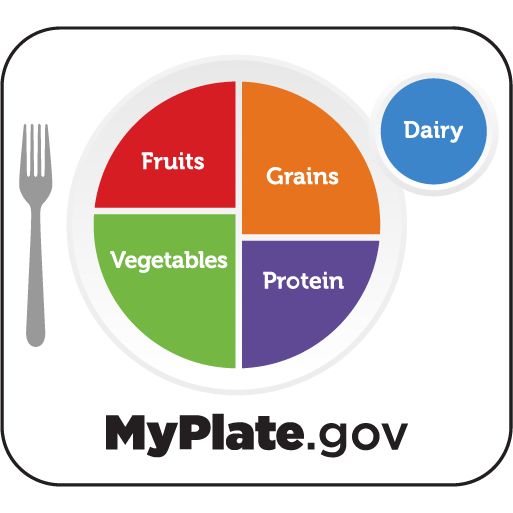 Image of a white plate with colored sections indicating how much of each food category you should eat.