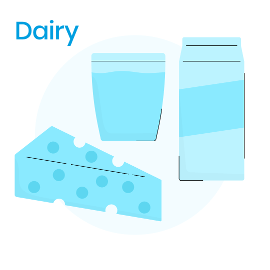 Illustration of dairy products such as a glass of milk, a carton of milk, and a wedge of cheese.