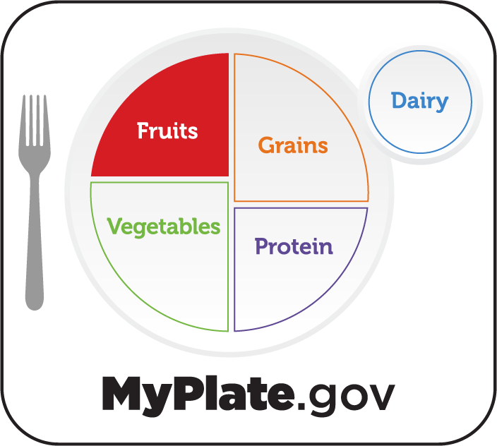 Illustration of a plate with the portion of food groups with fruit highlighted in red.