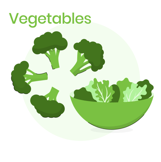 Illustration of broccoli florets arranged in a flower and additional florets in a bowl.
